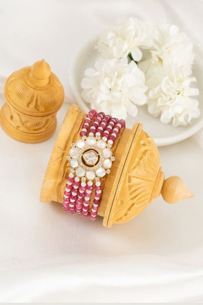 Gold Plated Kundan Polki Motif & Red Pearl Adjustable Bracelet