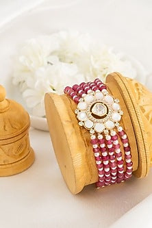 Gold Plated Kundan Polki Motif & Red Pearl Adjustable Bracelet