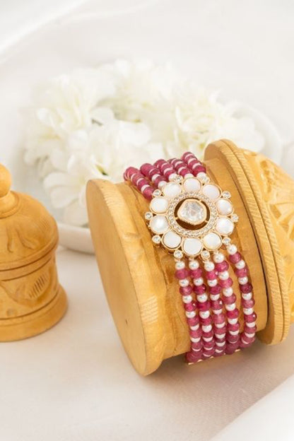 Gold Plated Kundan Polki Motif & Red Pearl Adjustable Bracelet