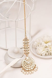 Gold Plated Kundan Polki & Pearl Handcrafted Maangtikka