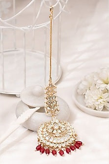 Gold Plated Kundan Polki & Maroon Stone Handcrafted Maangtikka