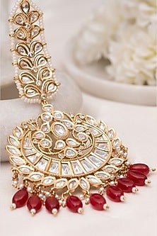 Gold Plated Kundan Polki & Maroon Stone Handcrafted Maangtikka
