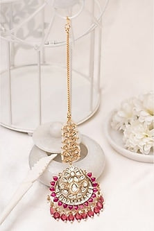 Gold Plated Pink Kundan Polki Handcrafted Maangtikka