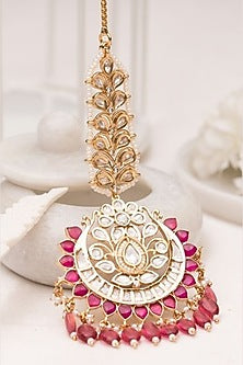 Gold Plated Pink Kundan Polki Handcrafted Maangtikka
