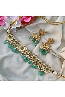 Gold Finish Kundan Polki & Mint Green Jadau Choker Necklace Set