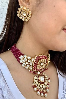 Gold Finish Kundan Polki & Pink Stone Choker Necklace Set