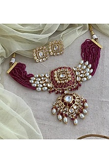 Gold Finish Kundan Polki & Pink Stone Choker Necklace Set