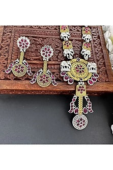 Black Rhodium Finish Tribal Elephant Motif Long Necklace Set