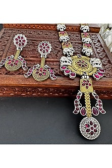 Black Rhodium Finish Tribal Elephant Motif Long Necklace Set