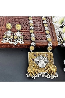 Black Rhodium Finish Laxmi & Elephant Motif Long Necklace Set