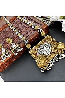 Black Rhodium Finish Laxmi & Elephant Motif Long Necklace Set
