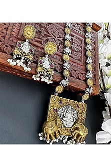Black Rhodium Finish Laxmi & Elephant Motif Long Necklace Set