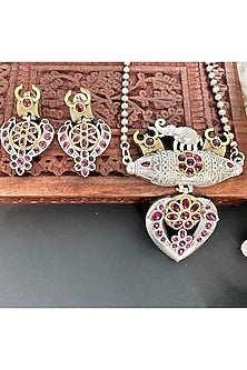 Oxidised Finish Elephant Pendant Long Necklace Set