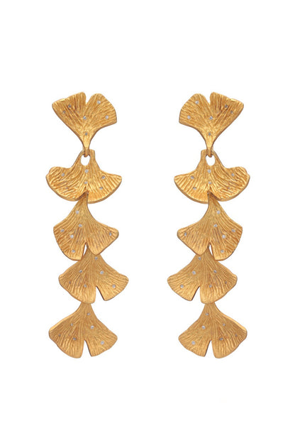 Gold Finish Fan-Shaped Leaf Dangler Earrings