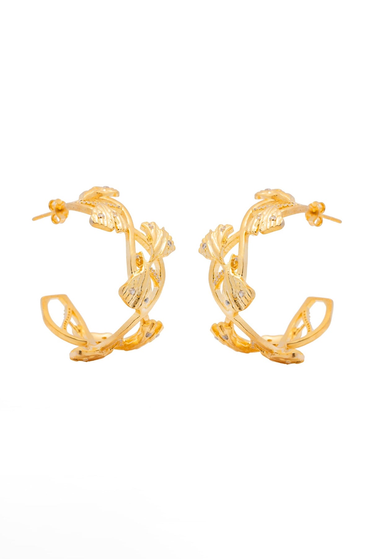 Gold Finish Ginkgo Motif Fan Shaped Leaf Hoop Earrings