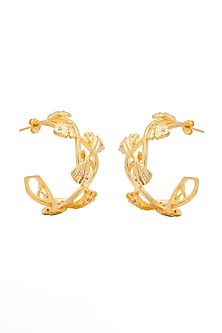 Gold Finish Ginkgo Motif Fan Shaped Leaf Hoop Earrings