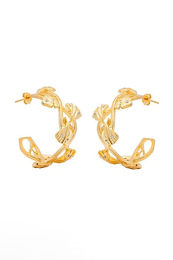 Gold Finish Ginkgo Motif Fan Shaped Leaf Hoop Earrings