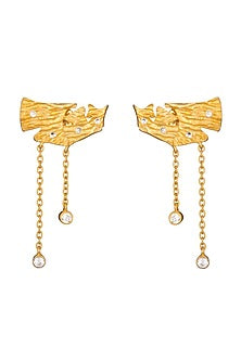 Gold Finish Ginkgo Motif Fan Shaped Leaf Stud Earrings
