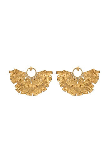 Gold Finish Ginkgo Leaf Motif Statement Stud Earrings
