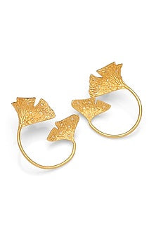 Gold Finish Ginkgo Motif Fan Shaped Leaf Stud Earrings