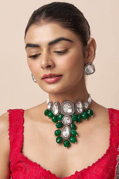 Two-Tone Finish Emerald Stone & Kundan Polki Choker Necklace Set