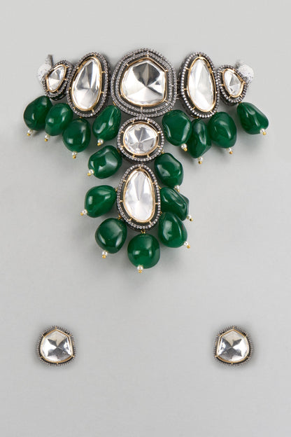 Two-Tone Finish Emerald Stone & Kundan Polki Choker Necklace Set