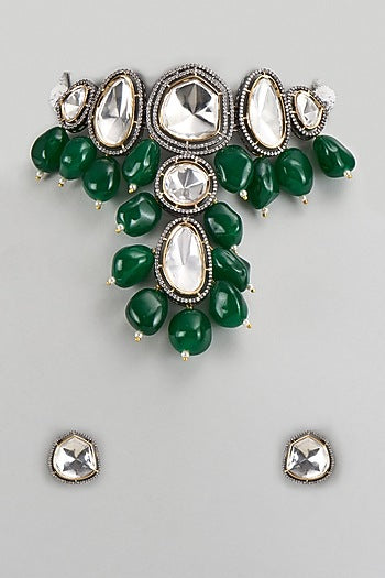 Two-Tone Finish Emerald Stone & Kundan Polki Choker Necklace Set