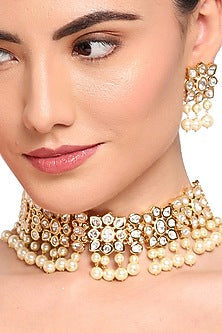 Gold Finish Pearl Choker Necklace Set