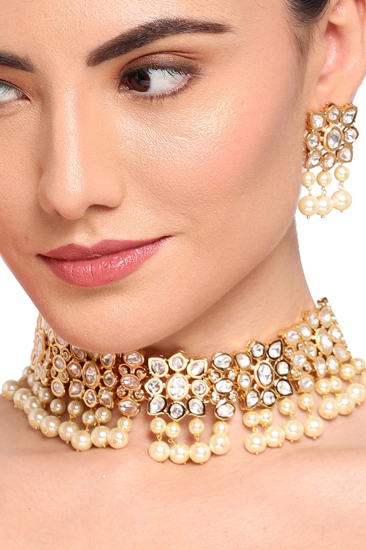 Gold Finish Pearl Choker Necklace Set