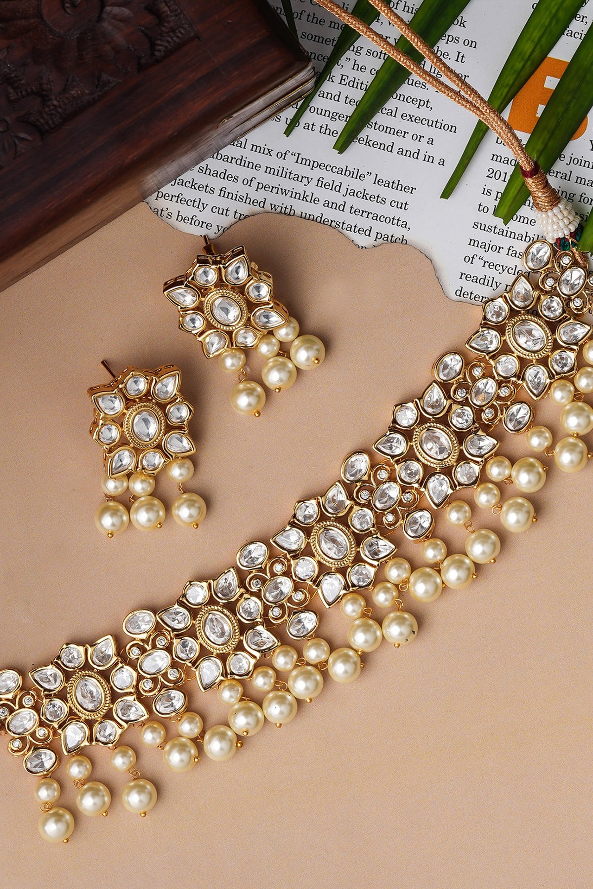 Gold Finish Pearl Choker Necklace Set