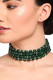 Gold Finish Green Beaded Choker Necklace