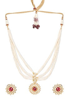 Gold Finish Kundan Polki & Red Stone Long Necklace Set