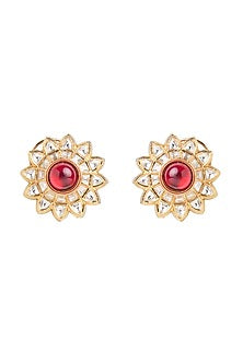 Gold Finish Kundan Polki & Red Stone Long Necklace Set