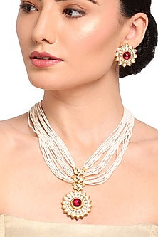 Gold Finish Kundan Polki & Red Stone Long Necklace Set
