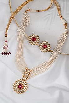 Gold Finish Kundan Polki & Red Stone Long Necklace Set