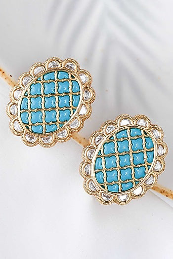 Gold Finish Turquoise Stone Stud Earrings