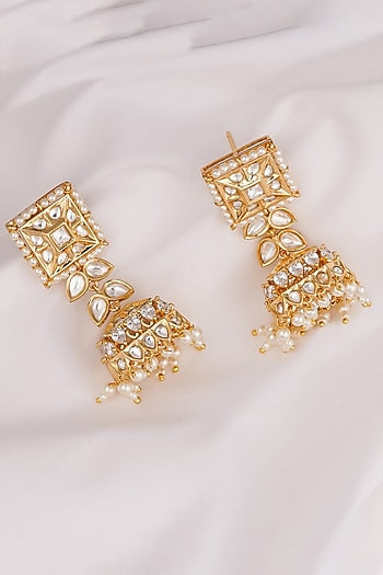 Gold Finish Kundan Polki Jhumka Earrings