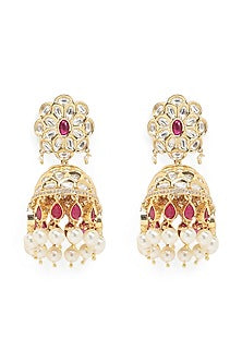 Gold Finish Red Stone Jhumka Earrings