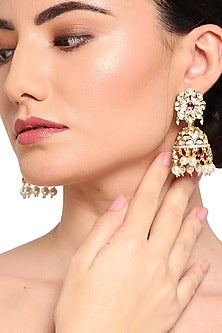Gold Finish Red Stone Jhumka Earrings