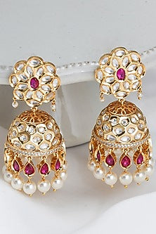 Gold Finish Red Stone Jhumka Earrings