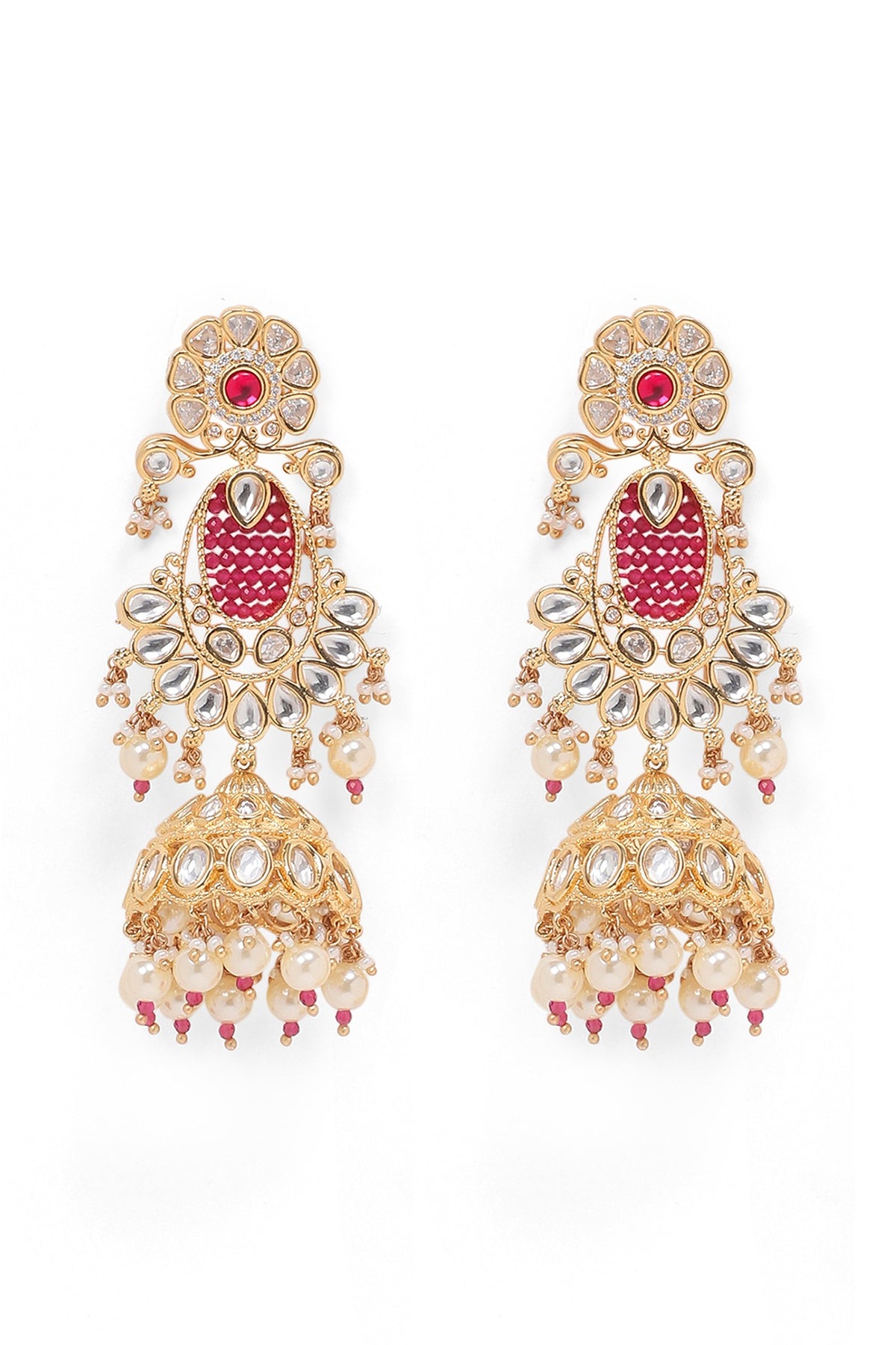 Gold Finish Kundan Polki & Rani Pink Stone Jhumka Earrings
