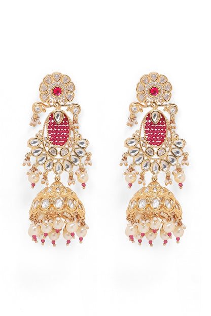 Gold Finish Kundan Polki & Rani Pink Stone Jhumka Earrings