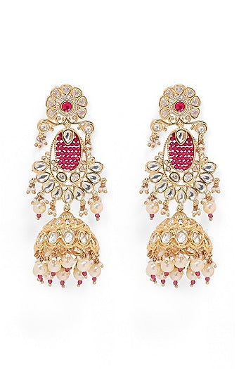 Gold Finish Kundan Polki & Rani Pink Stone Jhumka Earrings