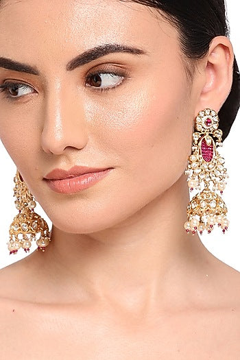 Gold Finish Kundan Polki & Rani Pink Stone Jhumka Earrings