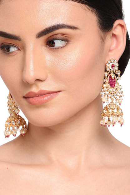 Gold Finish Kundan Polki & Rani Pink Stone Jhumka Earrings