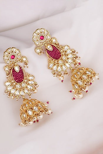 Gold Finish Kundan Polki & Rani Pink Stone Jhumka Earrings