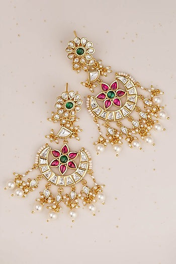 Gold Finish Rani Pink Kundan Polki Dangler Earrings