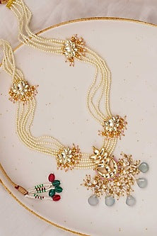 Gold Finish Blue Beaded Long Necklace