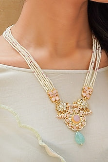 Gold Finish Semi-Precious Green Stone Long Necklace