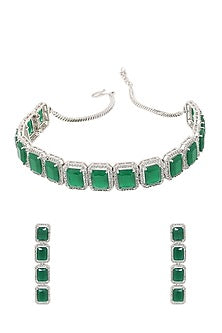 White Finish Emerald Stone Choker Necklace Set